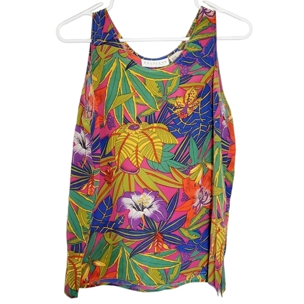 1292 * Restless Clothiers Silk Tropical Print Tank Green Blue Size M